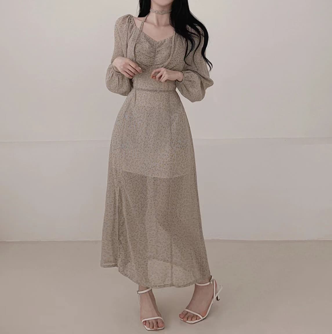 있음 선적 사이즈 업데이트 한국 chic 가을 새로운 오프숄더 거품 소매 꽃무늬 롱 스커트 트임 드레스 상세 이미지 4