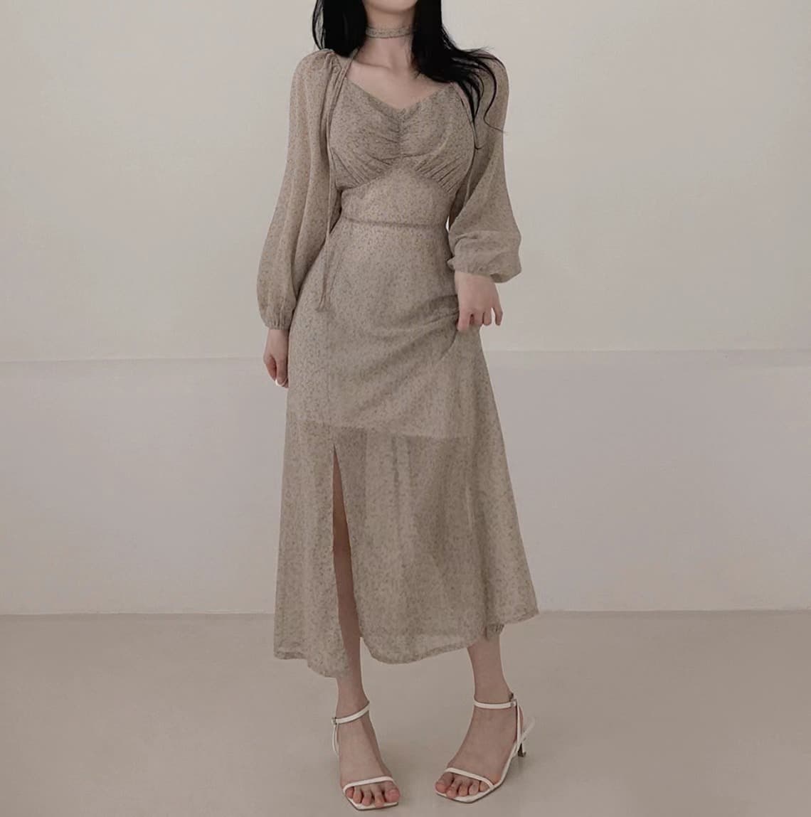 있음 선적 사이즈 업데이트 한국 chic 가을 새로운 오프숄더 거품 소매 꽃무늬 롱 스커트 트임 드레스 상세 이미지 5