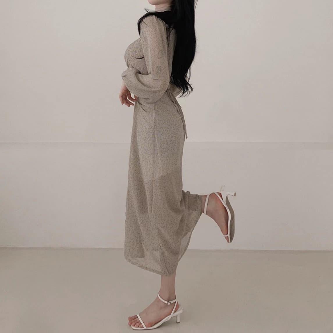 있음 선적 사이즈 업데이트 한국 chic 가을 새로운 오프숄더 거품 소매 꽃무늬 롱 스커트 트임 드레스 상세 이미지 6