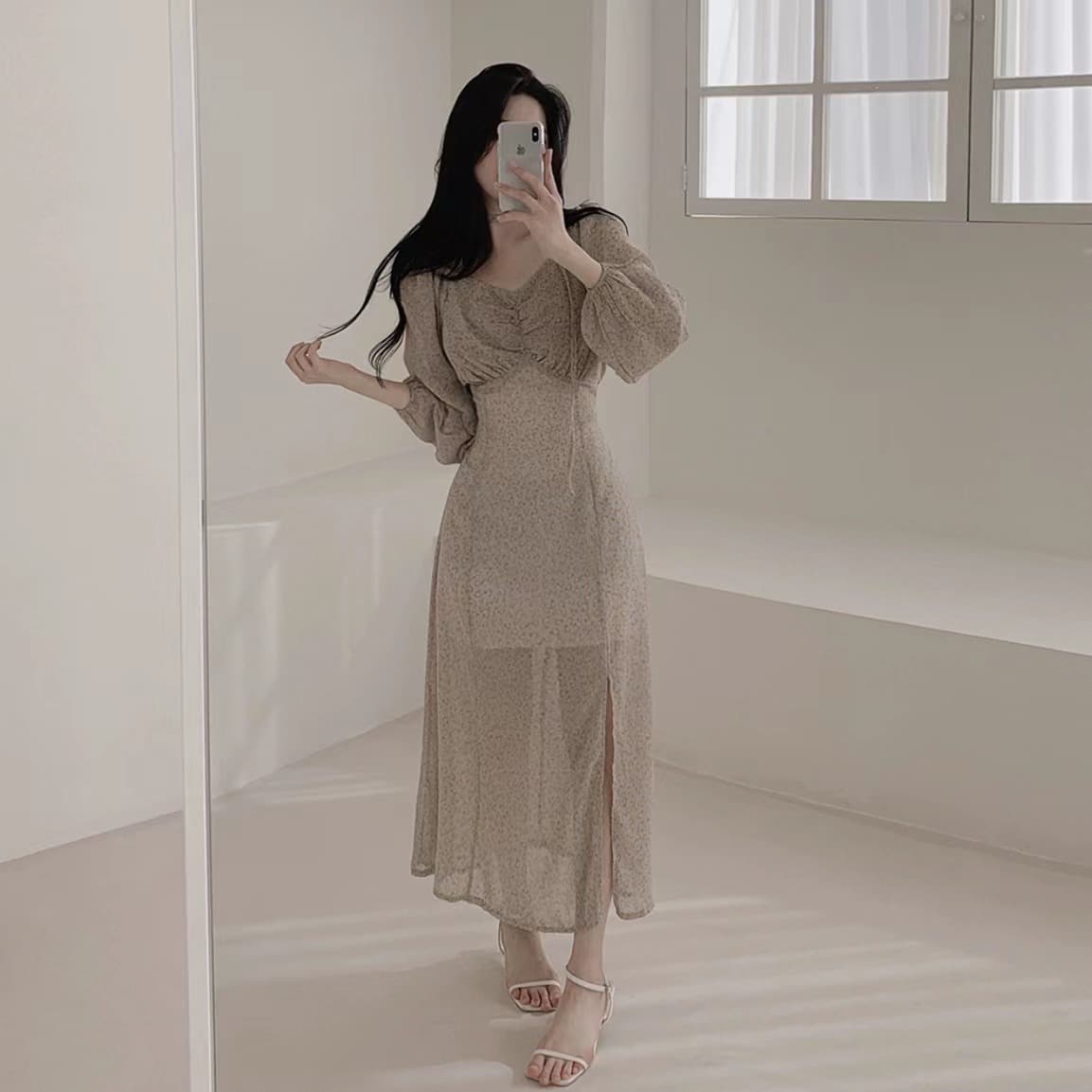있음 선적 사이즈 업데이트 한국 chic 가을 새로운 오프숄더 거품 소매 꽃무늬 롱 스커트 트임 드레스 상세 이미지 8