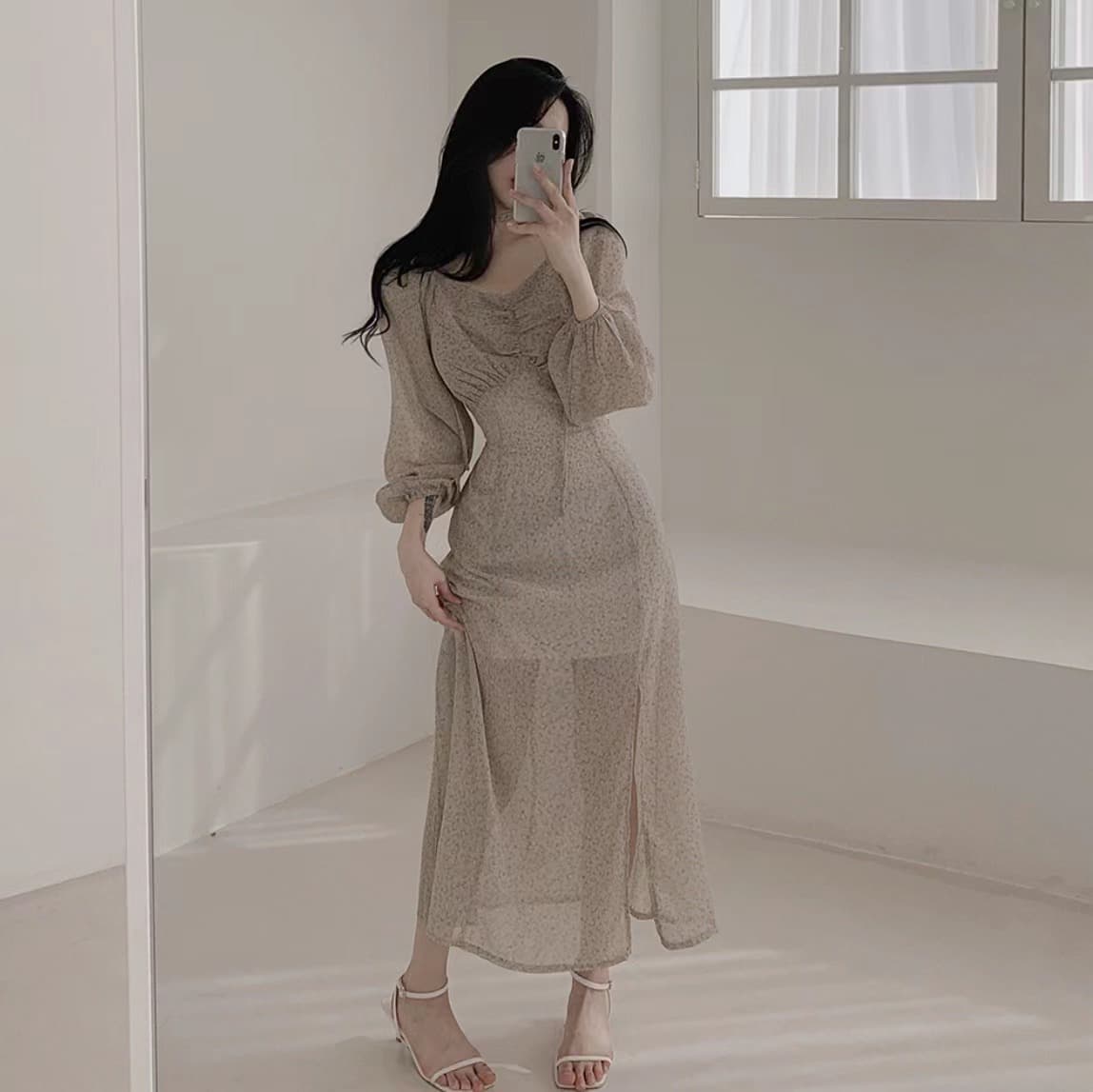 있음 선적 사이즈 업데이트 한국 chic 가을 새로운 오프숄더 거품 소매 꽃무늬 롱 스커트 트임 드레스 상세 이미지 11