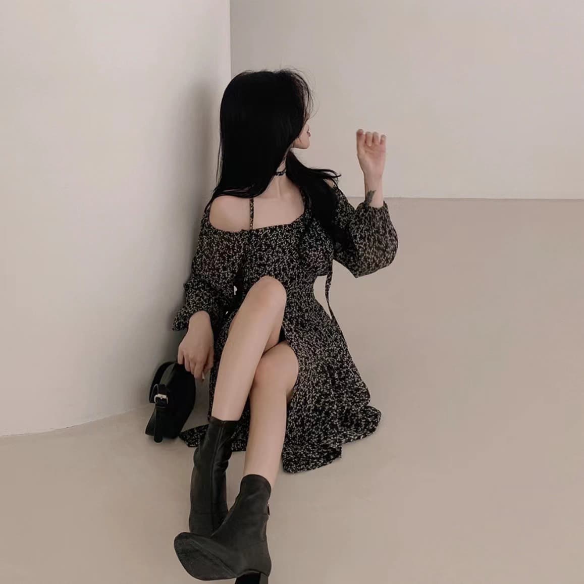 있음 선적 사이즈 업데이트 한국 chic 가을 새로운 오프숄더 거품 소매 꽃무늬 롱 스커트 트임 드레스 상세 이미지 17