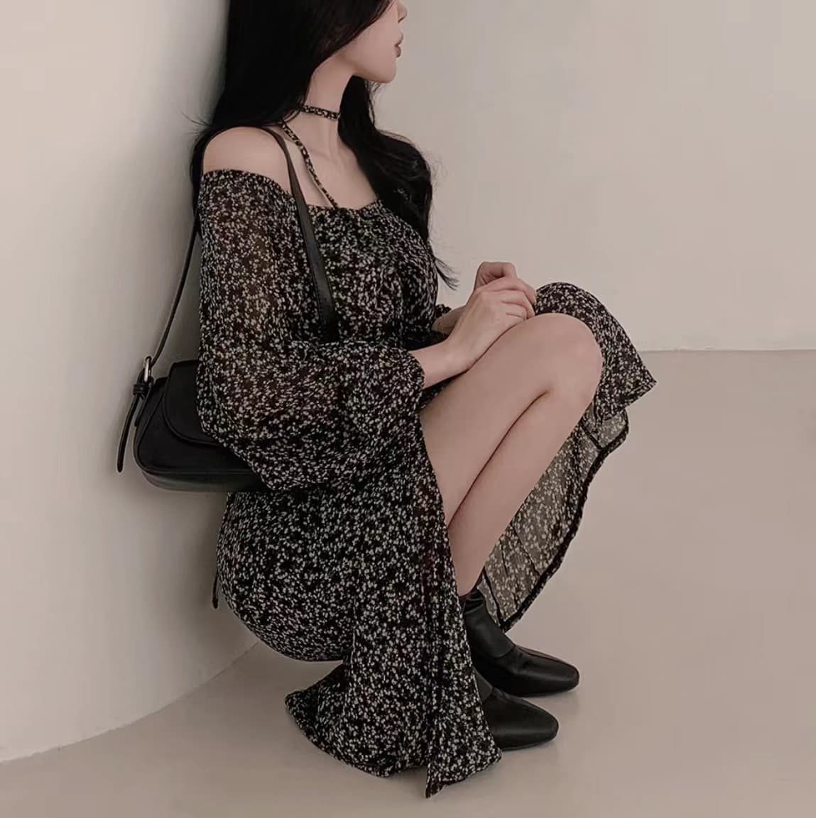 있음 선적 사이즈 업데이트 한국 chic 가을 새로운 오프숄더 거품 소매 꽃무늬 롱 스커트 트임 드레스 상세 이미지 18