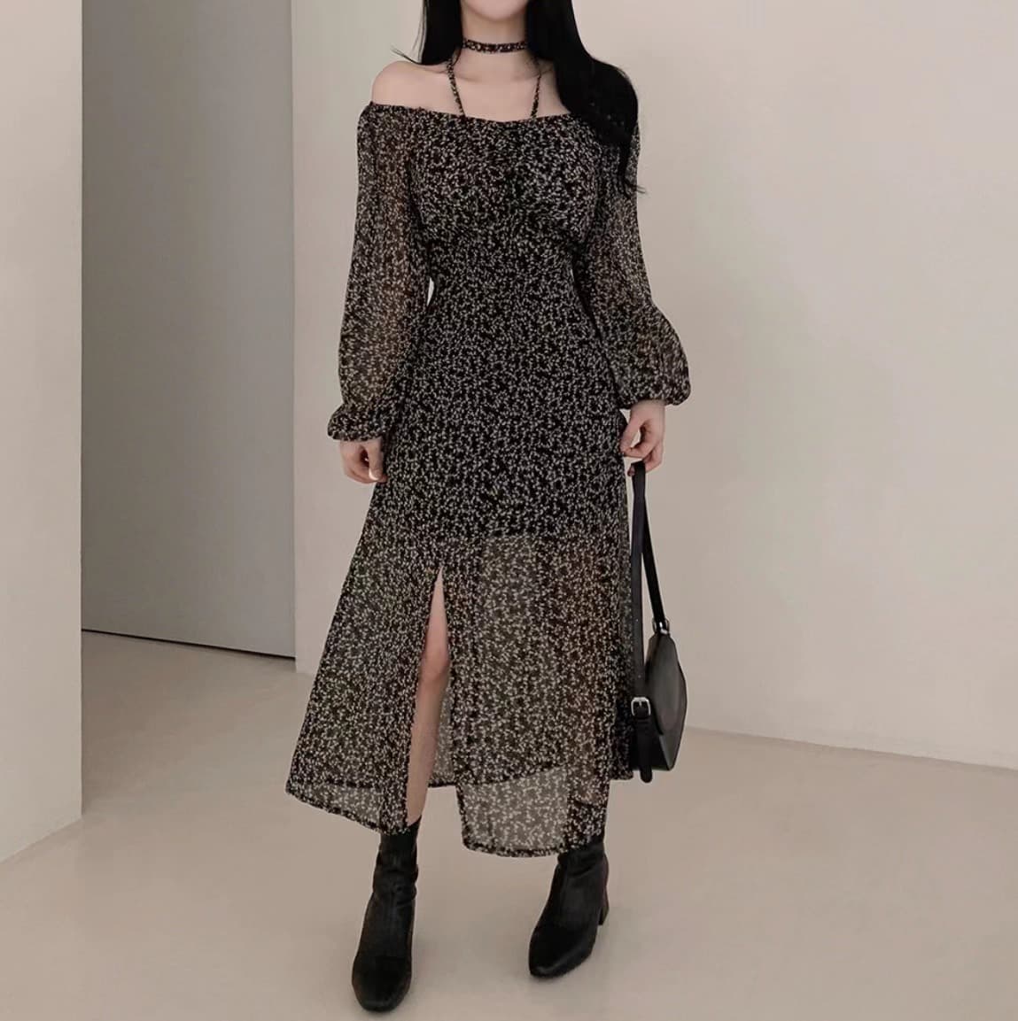 있음 선적 사이즈 업데이트 한국 chic 가을 새로운 오프숄더 거품 소매 꽃무늬 롱 스커트 트임 드레스 상세 이미지 20