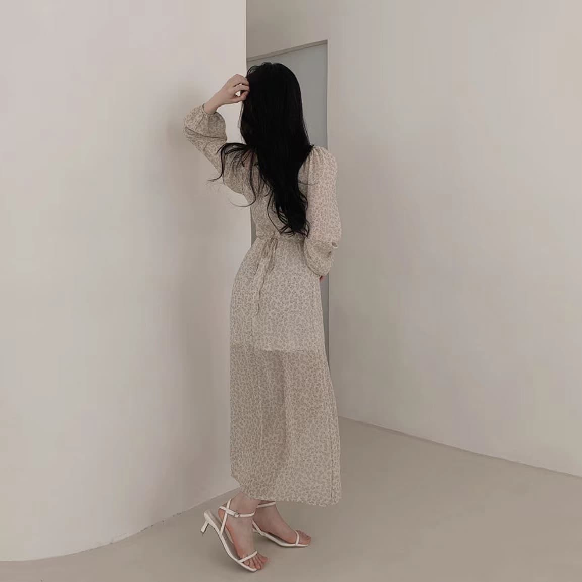 있음 선적 사이즈 업데이트 한국 chic 가을 새로운 오프숄더 거품 소매 꽃무늬 롱 스커트 트임 드레스 상세 이미지 23