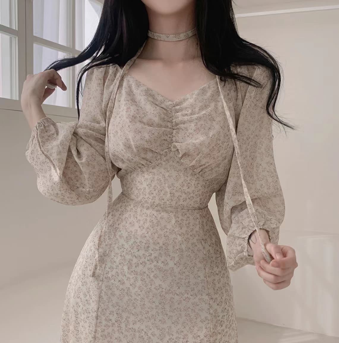 있음 선적 사이즈 업데이트 한국 chic 가을 새로운 오프숄더 거품 소매 꽃무늬 롱 스커트 트임 드레스 상세 이미지 24
