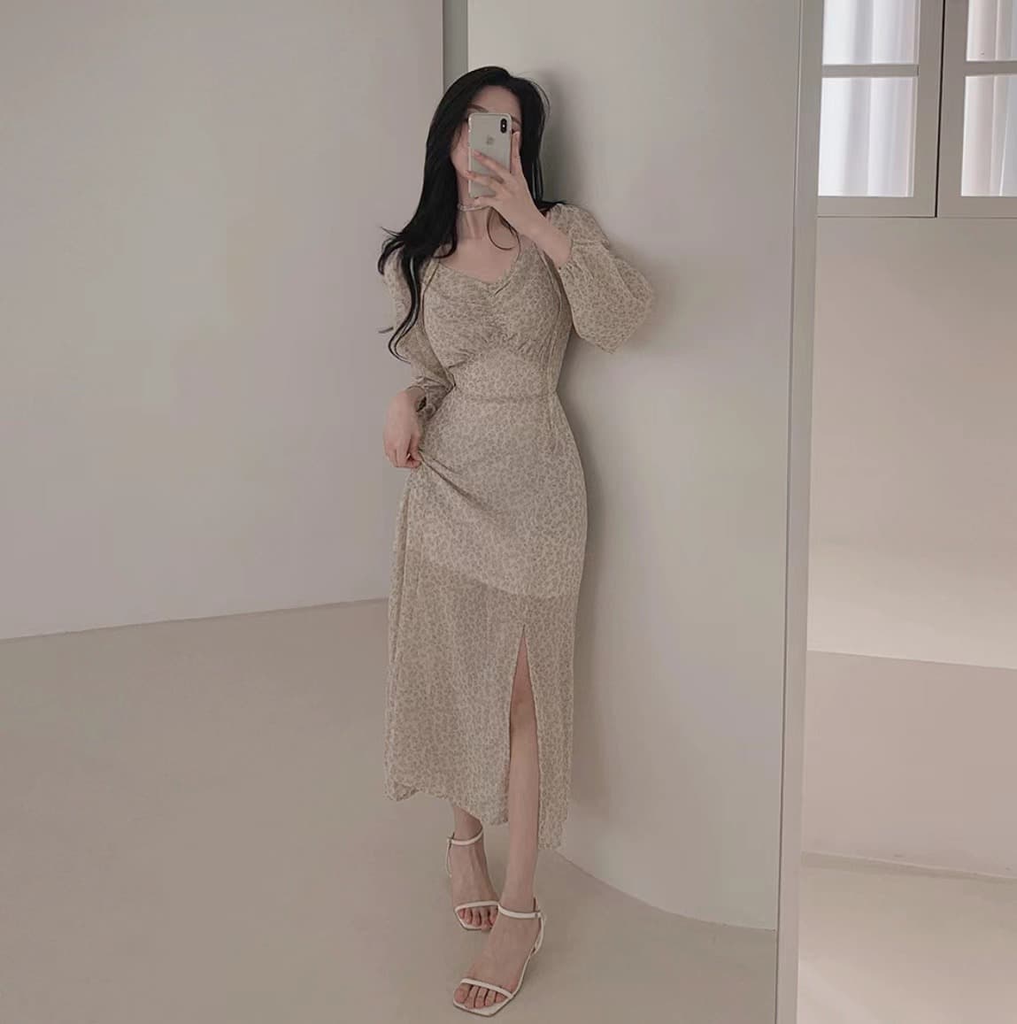 있음 선적 사이즈 업데이트 한국 chic 가을 새로운 오프숄더 거품 소매 꽃무늬 롱 스커트 트임 드레스 상세 이미지 26