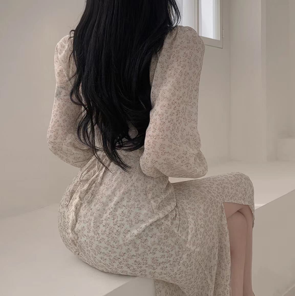있음 선적 사이즈 업데이트 한국 chic 가을 새로운 오프숄더 거품 소매 꽃무늬 롱 스커트 트임 드레스 상세 이미지 27