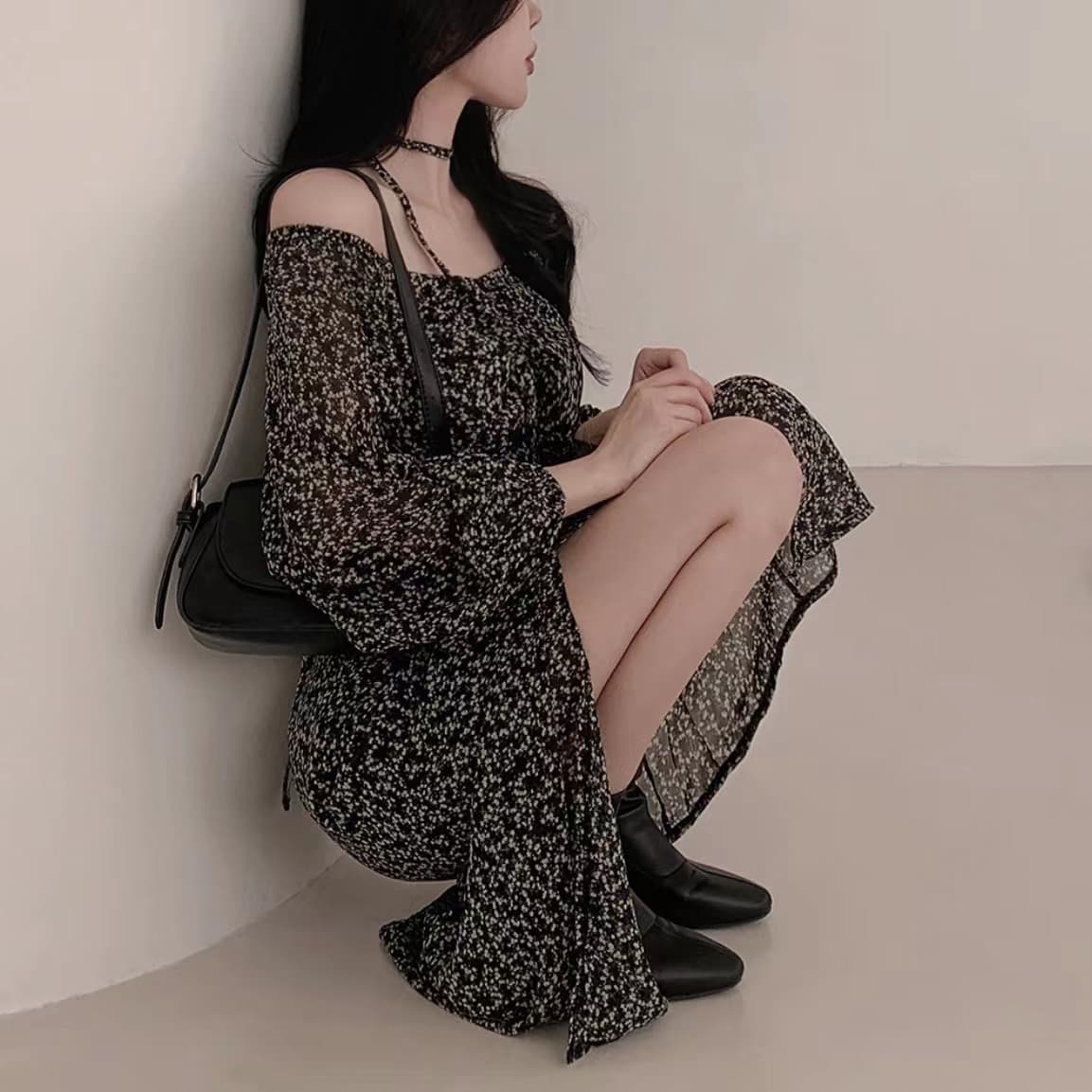 있음 선적 사이즈 업데이트 한국 chic 가을 새로운 오프숄더 거품 소매 꽃무늬 롱 스커트 트임 드레스 상세 이미지 32
