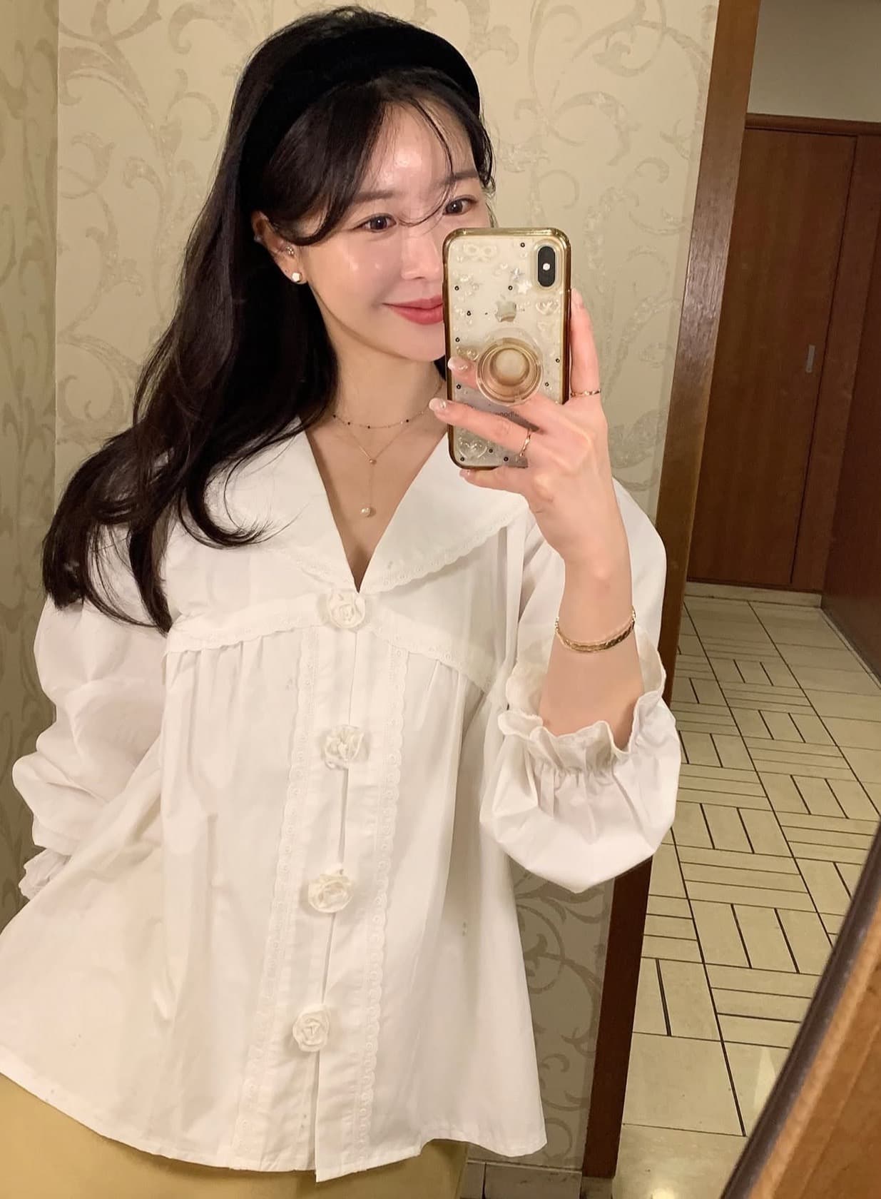 있음 선적 사이즈 업데이트 한국 chic 가을 새로운 한 부서 폴로 칼라 꽃 다용도 셔츠 상세 이미지 2