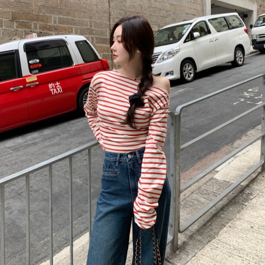 있음 선적 사이즈 업데이트 한국 chic 가을 스트라이프 오프숄더 긴팔 티셔츠 여성 슬림해 보이는 다용도 맨위