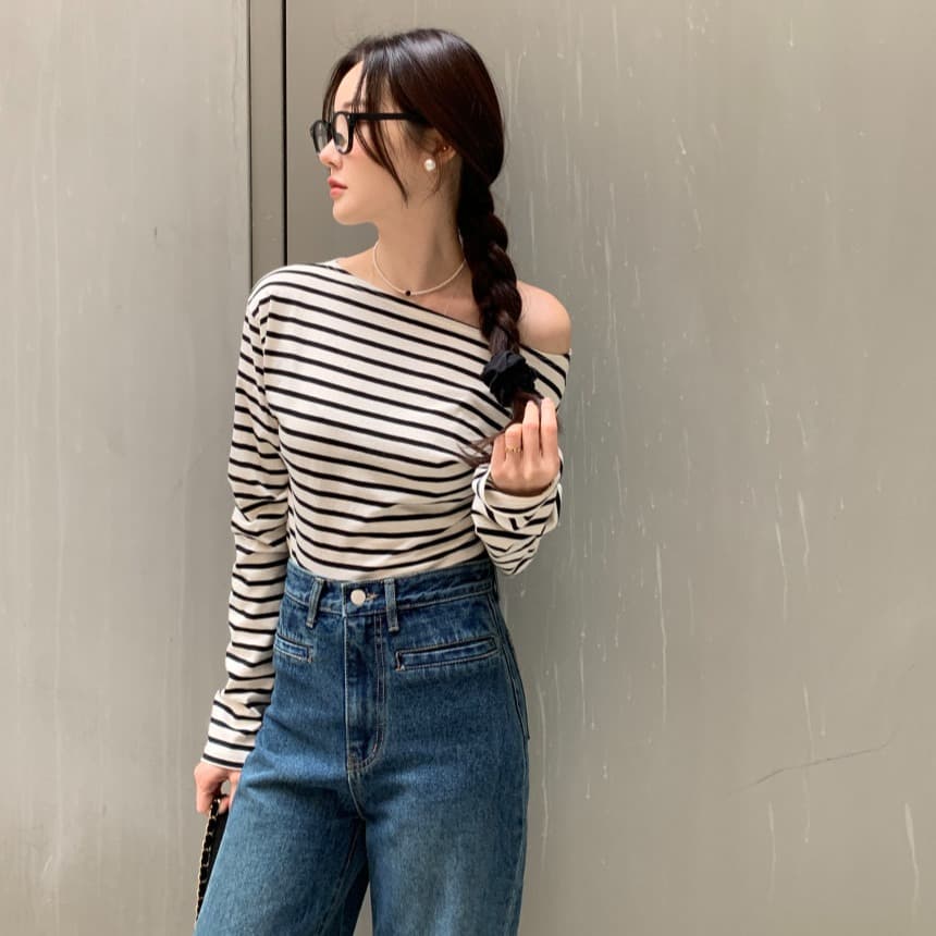 있음 선적 사이즈 업데이트 한국 chic 가을 스트라이프 오프숄더 긴팔 티셔츠 여성 슬림해 보이는 다용도 맨위 이미지 2