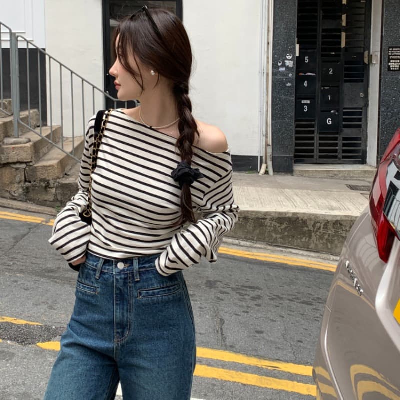 있음 선적 사이즈 업데이트 한국 chic 가을 스트라이프 오프숄더 긴팔 티셔츠 여성 슬림해 보이는 다용도 맨위 이미지 5