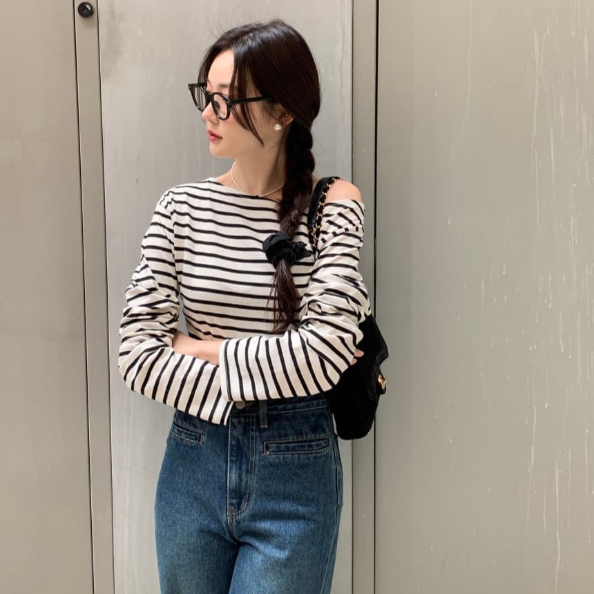 있음 선적 사이즈 업데이트 한국 chic 가을 스트라이프 오프숄더 긴팔 티셔츠 여성 슬림해 보이는 다용도 맨위 이미지 4