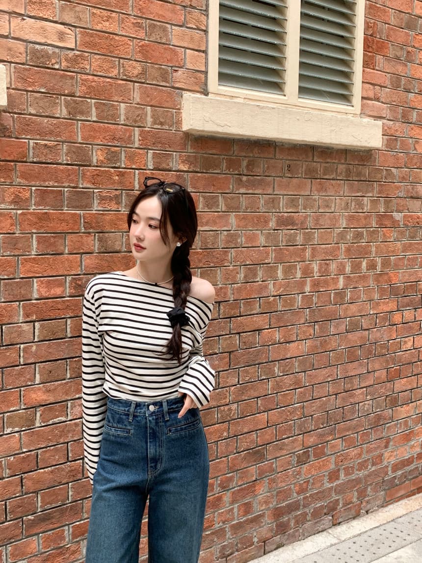 있음 선적 사이즈 업데이트 한국 chic 가을 스트라이프 오프숄더 긴팔 티셔츠 여성 슬림해 보이는 다용도 맨위 상세 이미지 1