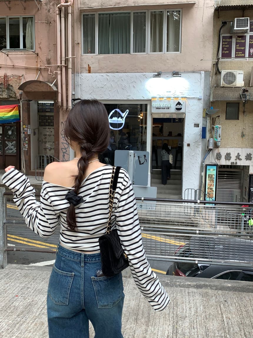 있음 선적 사이즈 업데이트 한국 chic 가을 스트라이프 오프숄더 긴팔 티셔츠 여성 슬림해 보이는 다용도 맨위 상세 이미지 5