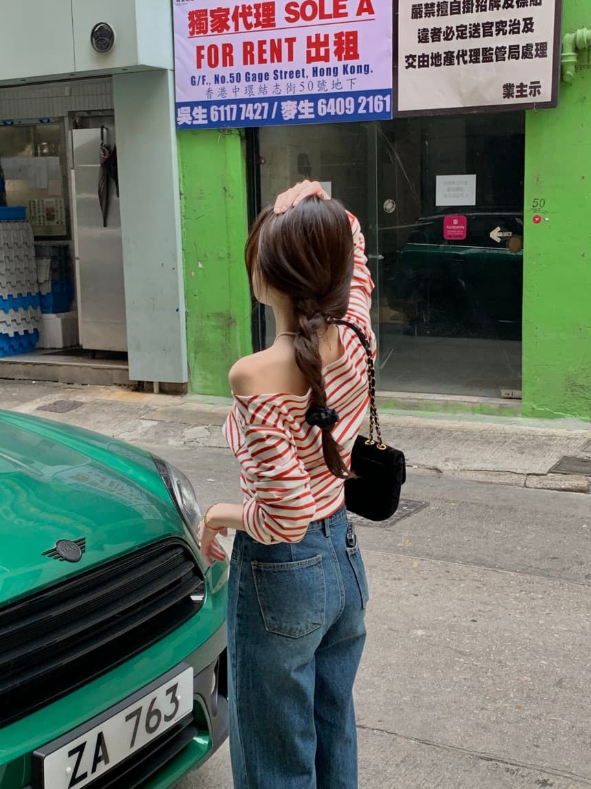있음 선적 사이즈 업데이트 한국 chic 가을 스트라이프 오프숄더 긴팔 티셔츠 여성 슬림해 보이는 다용도 맨위 상세 이미지 10