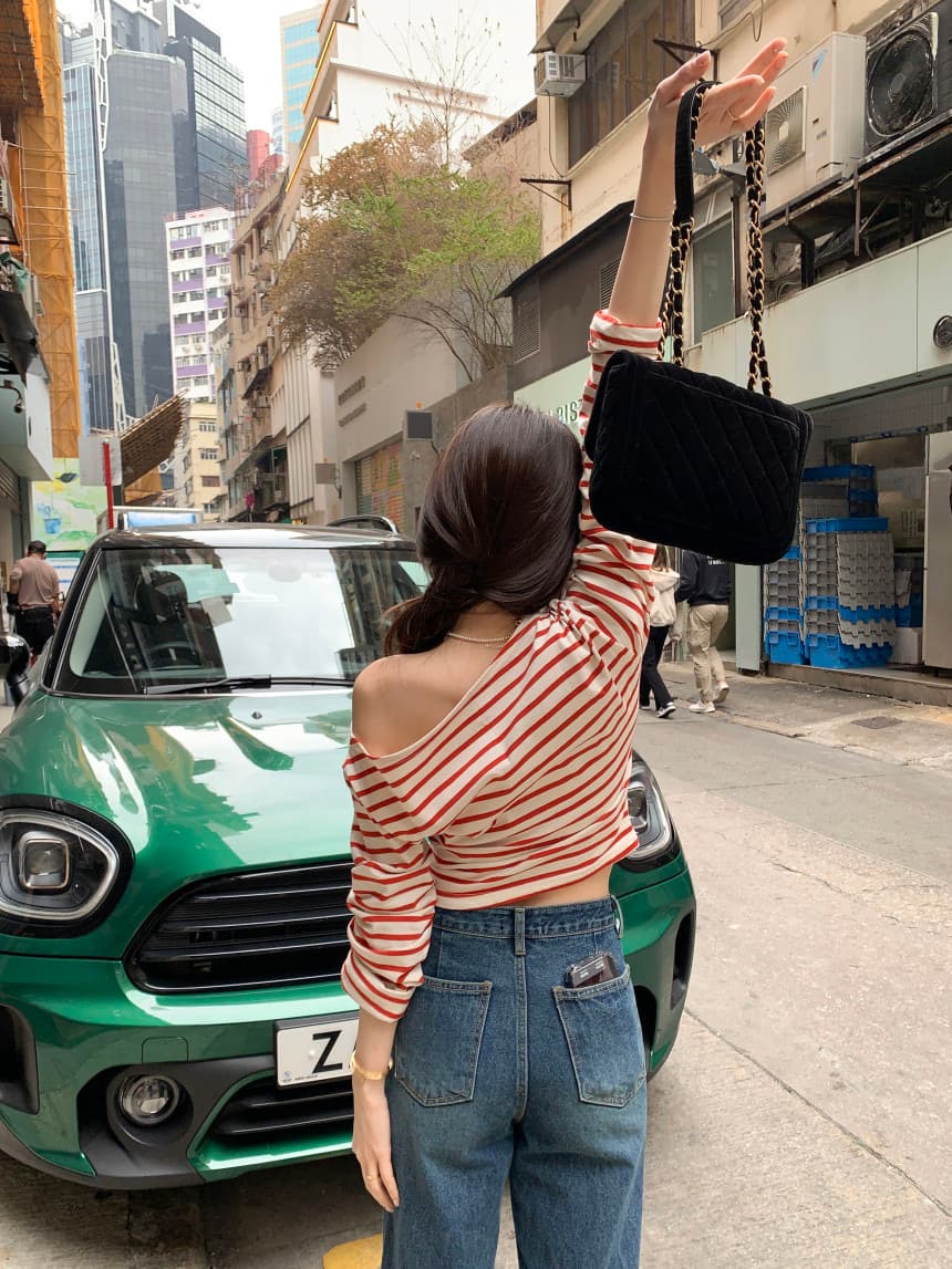 있음 선적 사이즈 업데이트 한국 chic 가을 스트라이프 오프숄더 긴팔 티셔츠 여성 슬림해 보이는 다용도 맨위 상세 이미지 13
