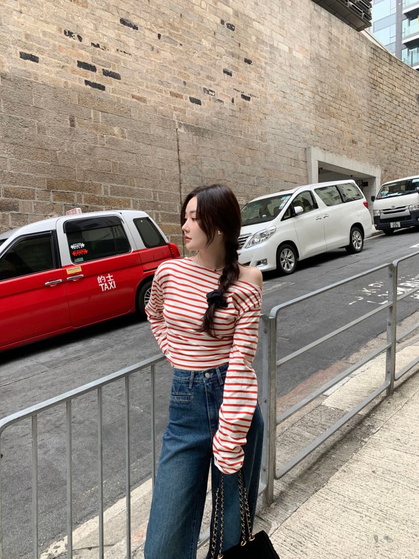 있음 선적 사이즈 업데이트 한국 chic 가을 스트라이프 오프숄더 긴팔 티셔츠 여성 슬림해 보이는 다용도 맨위 상세 이미지 14