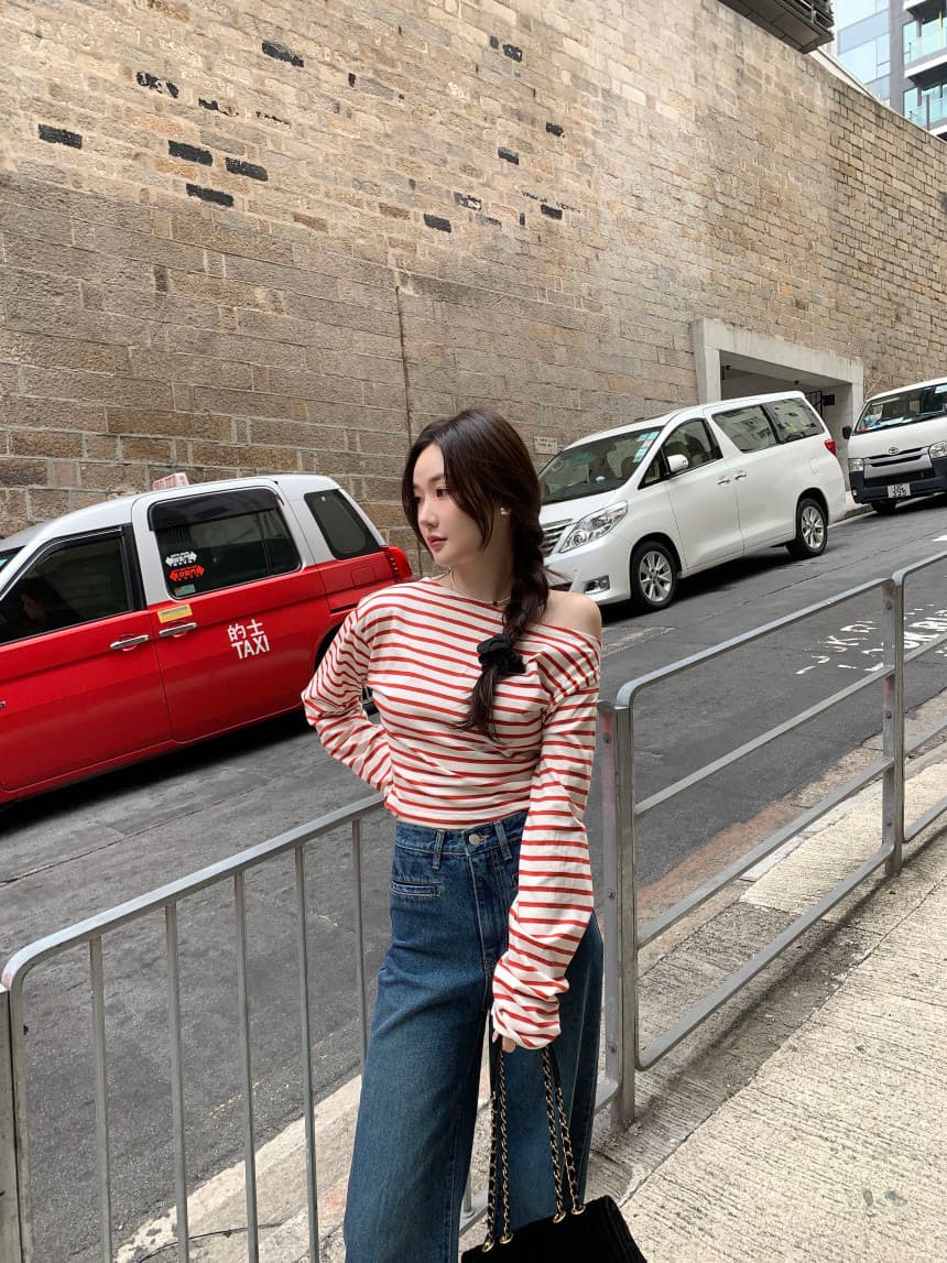 있음 선적 사이즈 업데이트 한국 chic 가을 스트라이프 오프숄더 긴팔 티셔츠 여성 슬림해 보이는 다용도 맨위 상세 이미지 15
