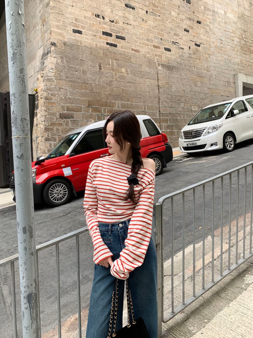 있음 선적 사이즈 업데이트 한국 chic 가을 스트라이프 오프숄더 긴팔 티셔츠 여성 슬림해 보이는 다용도 맨위 상세 이미지 17