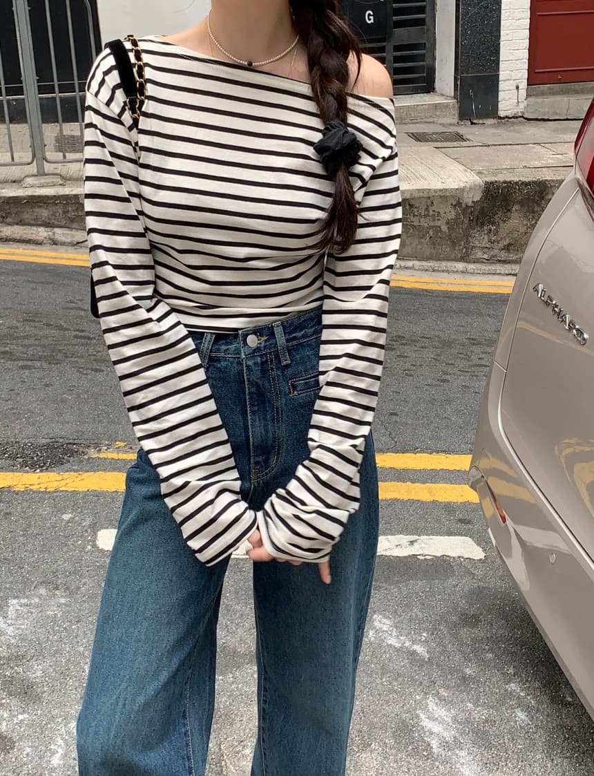 있음 선적 사이즈 업데이트 한국 chic 가을 스트라이프 오프숄더 긴팔 티셔츠 여성 슬림해 보이는 다용도 맨위 상세 이미지 18
