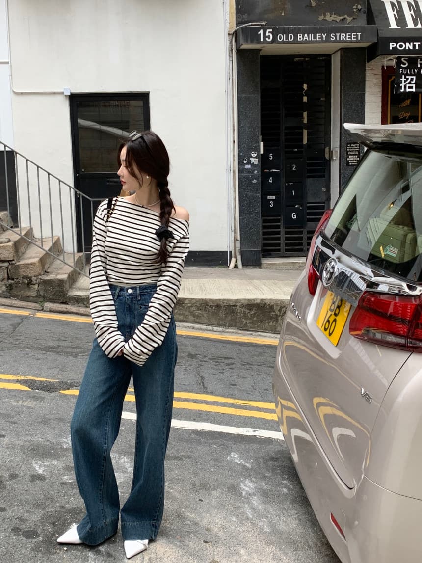 있음 선적 사이즈 업데이트 한국 chic 가을 스트라이프 오프숄더 긴팔 티셔츠 여성 슬림해 보이는 다용도 맨위 상세 이미지 20