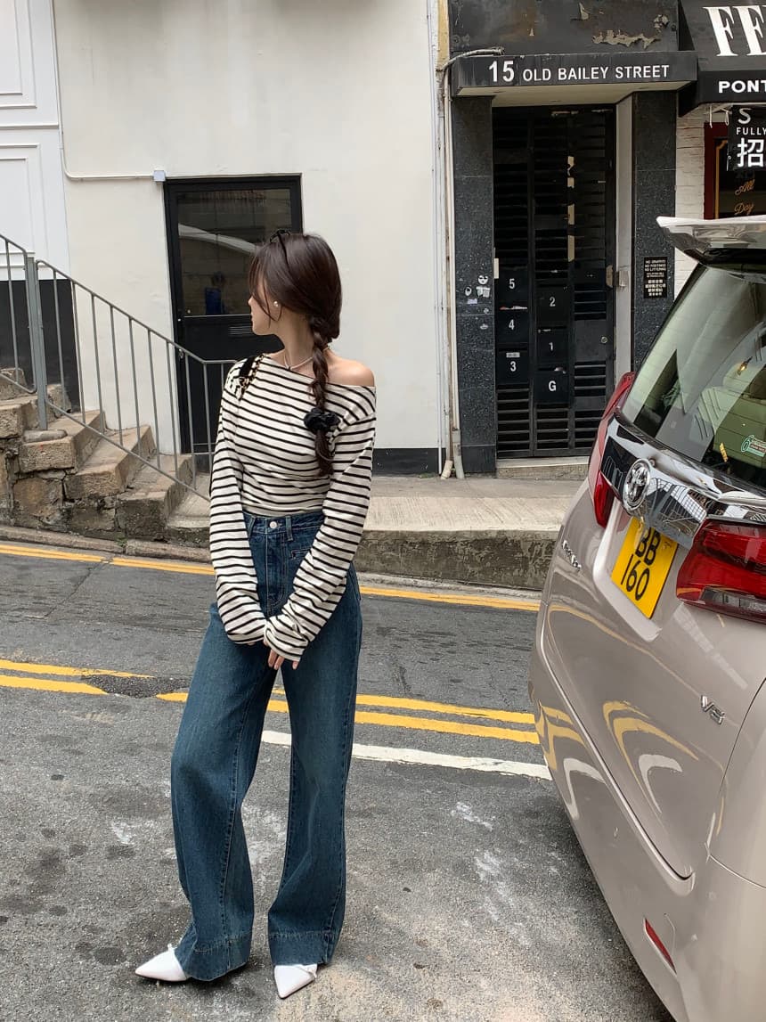 있음 선적 사이즈 업데이트 한국 chic 가을 스트라이프 오프숄더 긴팔 티셔츠 여성 슬림해 보이는 다용도 맨위 상세 이미지 21