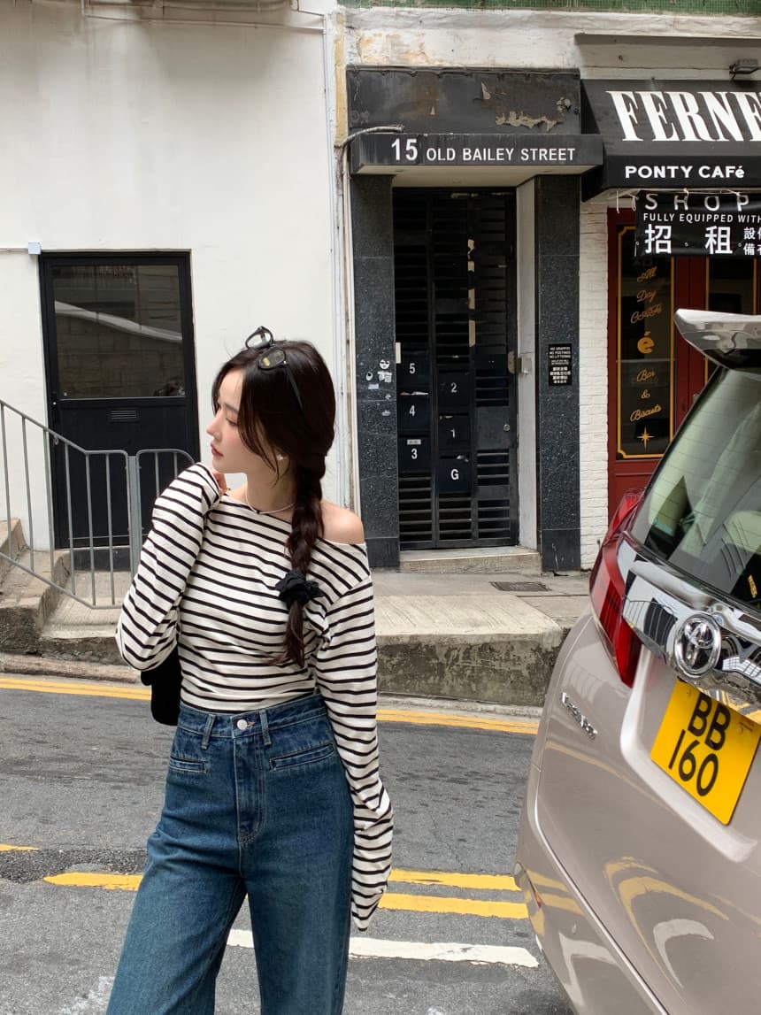 있음 선적 사이즈 업데이트 한국 chic 가을 스트라이프 오프숄더 긴팔 티셔츠 여성 슬림해 보이는 다용도 맨위 상세 이미지 22