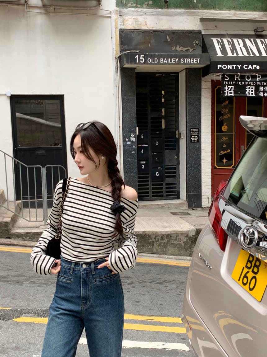 있음 선적 사이즈 업데이트 한국 chic 가을 스트라이프 오프숄더 긴팔 티셔츠 여성 슬림해 보이는 다용도 맨위 상세 이미지 24