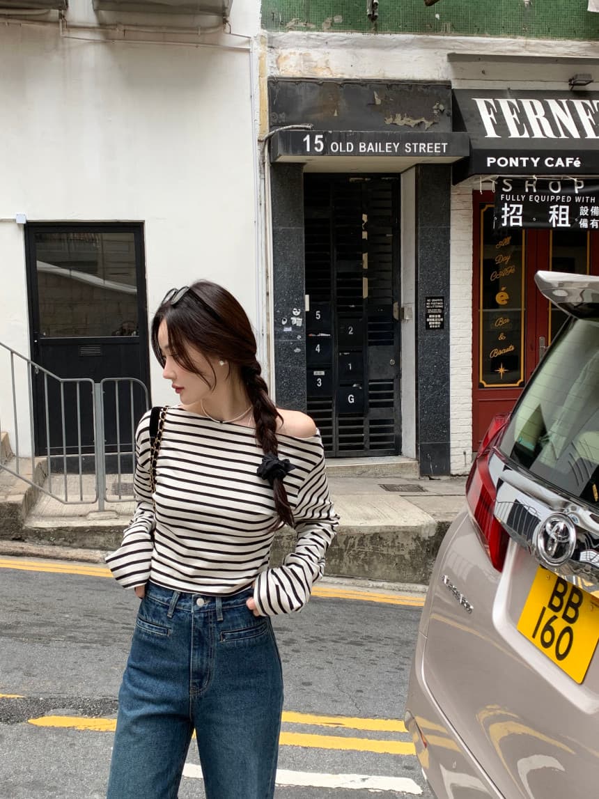 있음 선적 사이즈 업데이트 한국 chic 가을 스트라이프 오프숄더 긴팔 티셔츠 여성 슬림해 보이는 다용도 맨위 상세 이미지 25