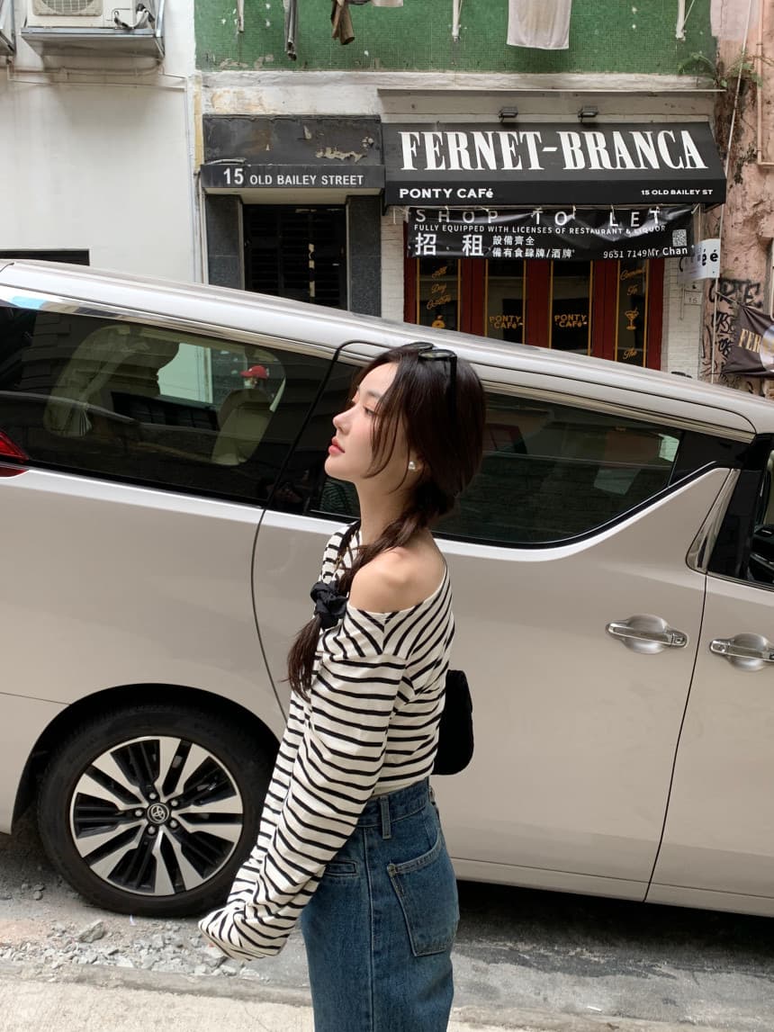 있음 선적 사이즈 업데이트 한국 chic 가을 스트라이프 오프숄더 긴팔 티셔츠 여성 슬림해 보이는 다용도 맨위 상세 이미지 30
