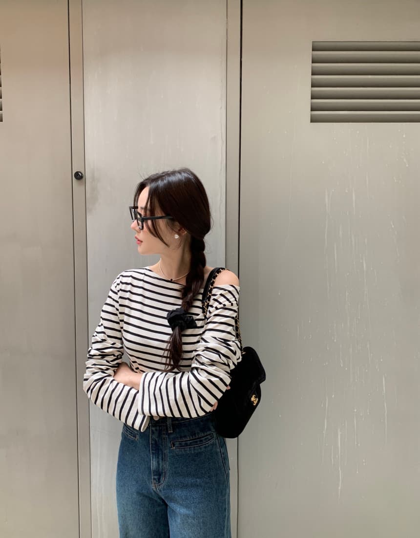 있음 선적 사이즈 업데이트 한국 chic 가을 스트라이프 오프숄더 긴팔 티셔츠 여성 슬림해 보이는 다용도 맨위 상세 이미지 33