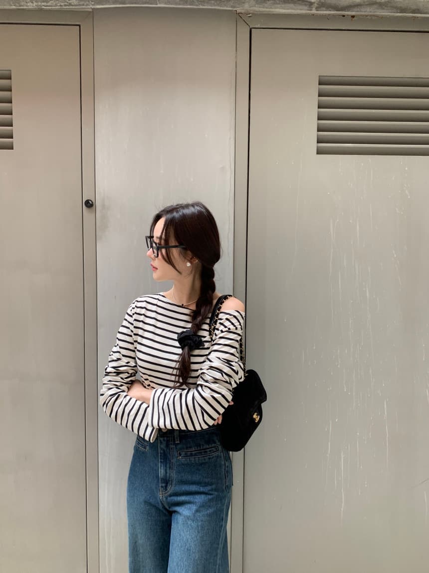 있음 선적 사이즈 업데이트 한국 chic 가을 스트라이프 오프숄더 긴팔 티셔츠 여성 슬림해 보이는 다용도 맨위 상세 이미지 34