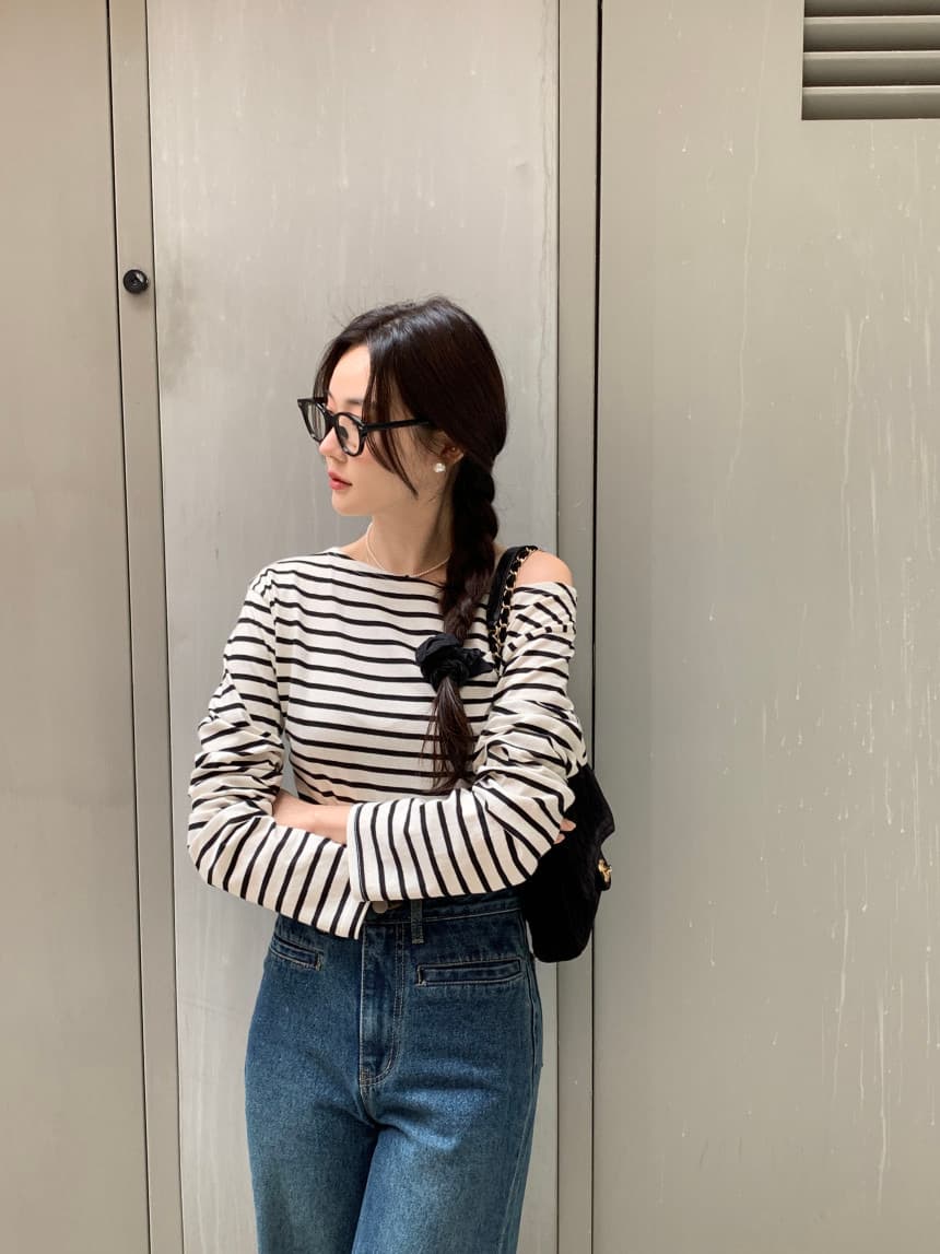 있음 선적 사이즈 업데이트 한국 chic 가을 스트라이프 오프숄더 긴팔 티셔츠 여성 슬림해 보이는 다용도 맨위 상세 이미지 35