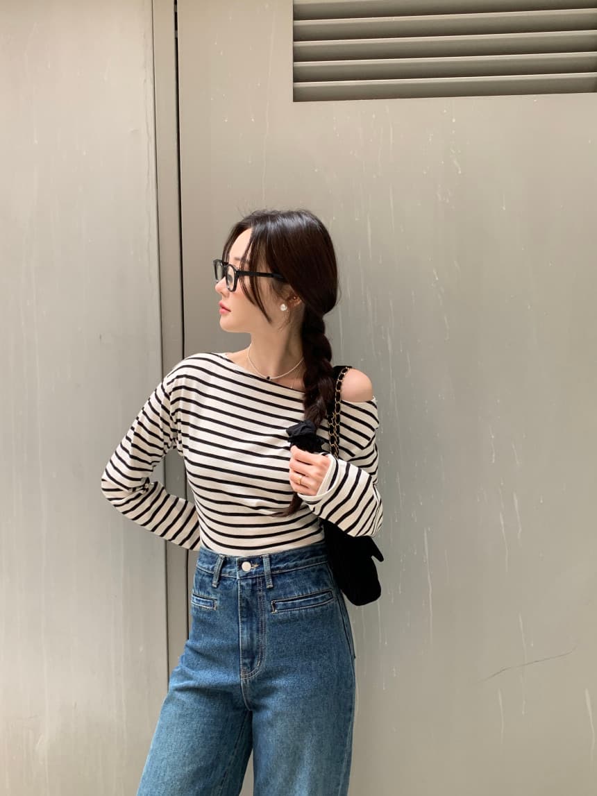 있음 선적 사이즈 업데이트 한국 chic 가을 스트라이프 오프숄더 긴팔 티셔츠 여성 슬림해 보이는 다용도 맨위 상세 이미지 36