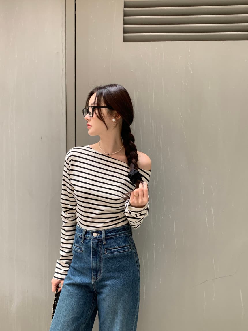 있음 선적 사이즈 업데이트 한국 chic 가을 스트라이프 오프숄더 긴팔 티셔츠 여성 슬림해 보이는 다용도 맨위 상세 이미지 37