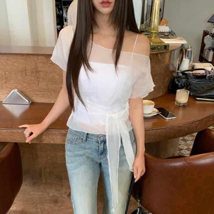 있음 선적 사이즈 업데이트 한국 chic 여름 새로운 수 있습니다. 오프숄더 ~을 통해 얇은 스타일 레이스업 허리 수축 슬림해 보이는 셔츠