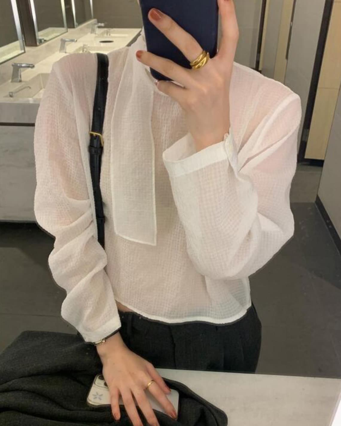 한국 chic 가을 새로운 ins 스탠드 칼라 리본 레트로 다용도 긴팔 셔츠 상세 이미지 9