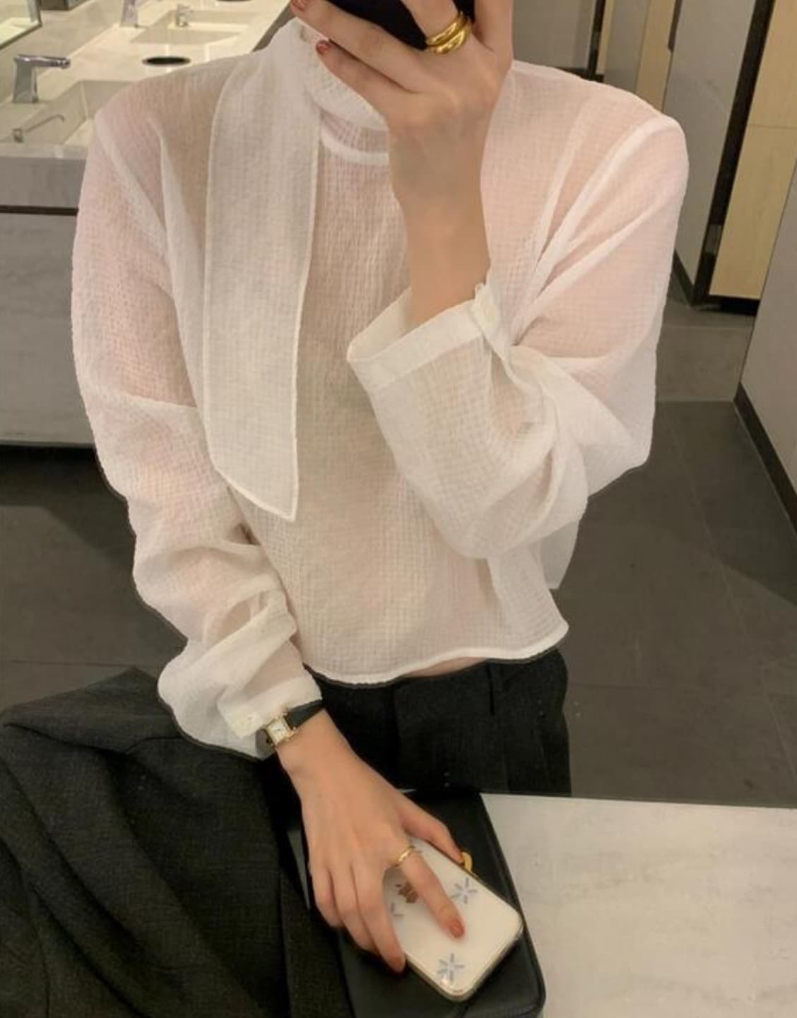 한국 chic 가을 새로운 ins 스탠드 칼라 리본 레트로 다용도 긴팔 셔츠 상세 이미지 29