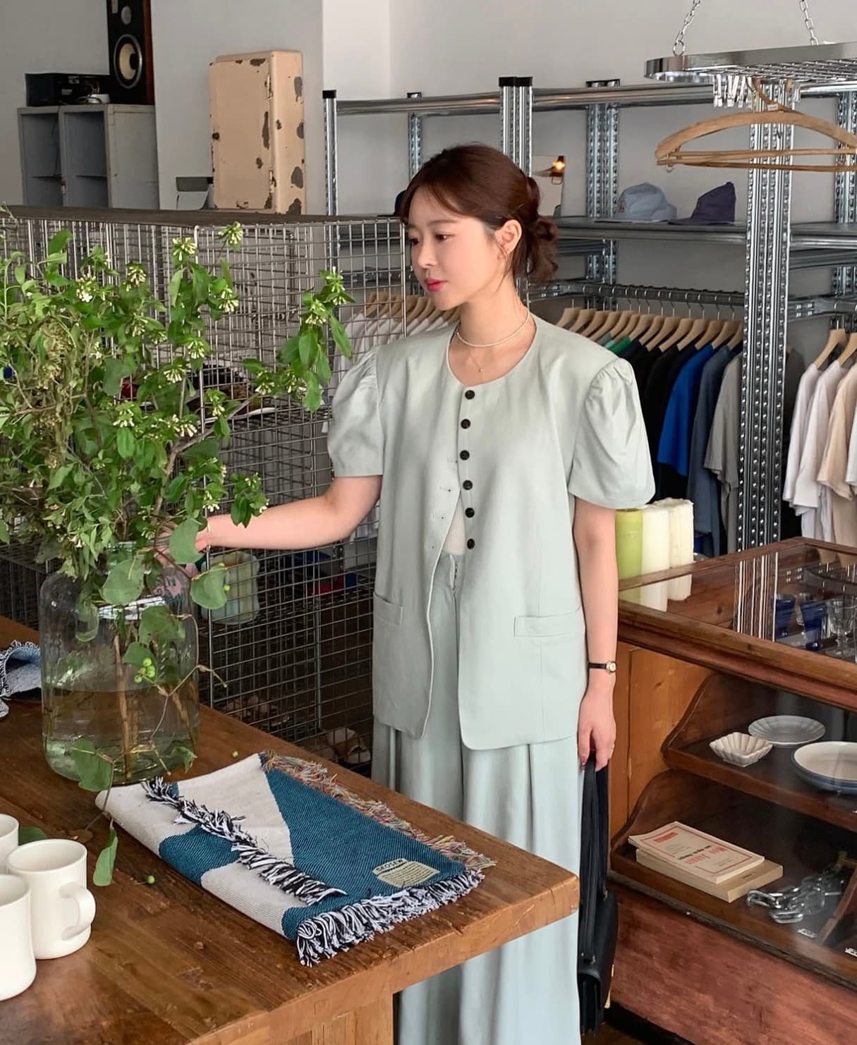 있음 선적 사이즈 업데이트 한국 chic 여름 새로운 반팔 재킷 맨위 넓은 다리 슬림해 보이는 긴 바지 세트 상세 이미지 8