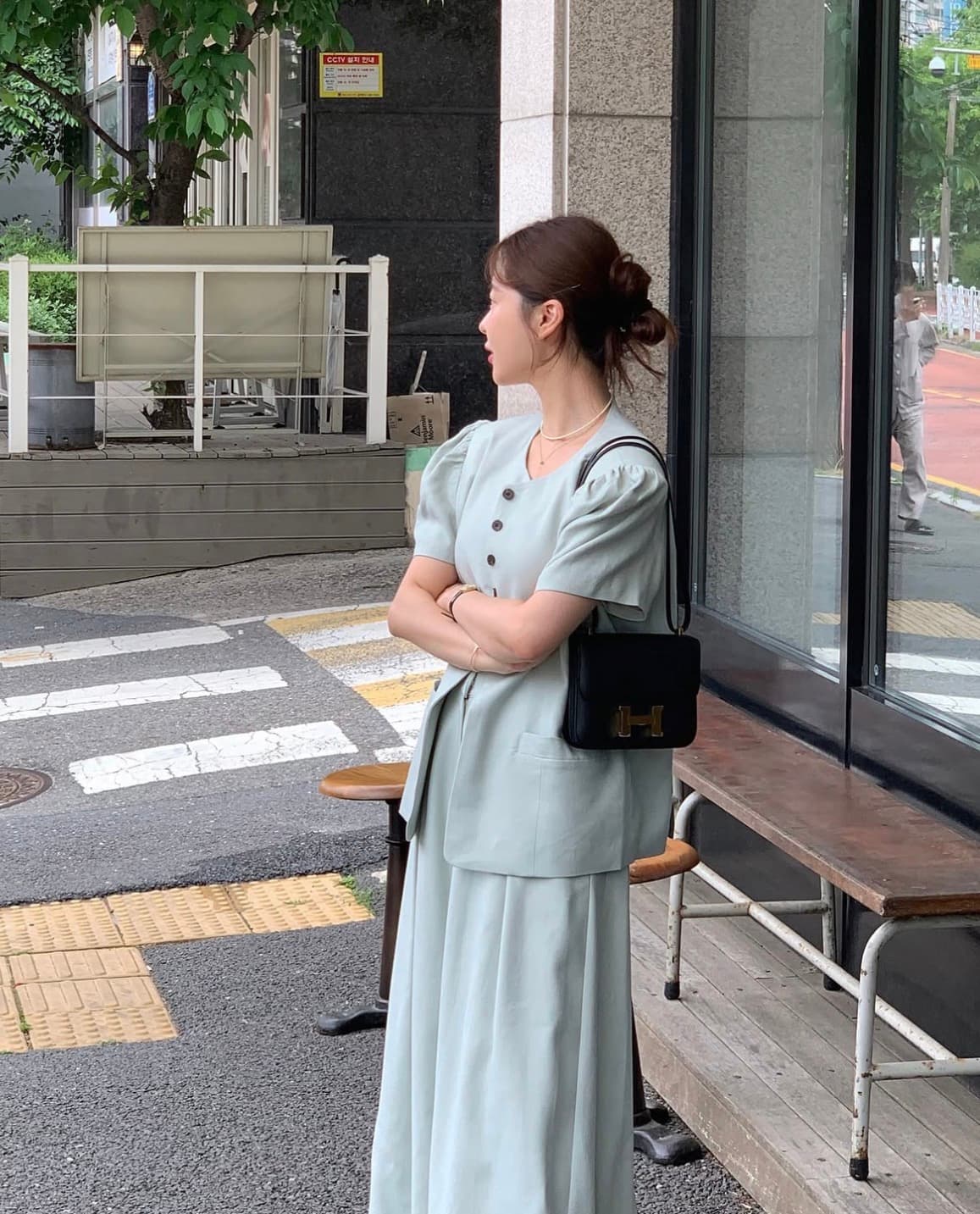 있음 선적 사이즈 업데이트 한국 chic 여름 새로운 반팔 재킷 맨위 넓은 다리 슬림해 보이는 긴 바지 세트 상세 이미지 16