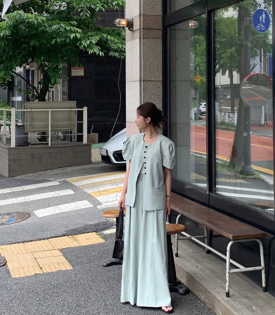 있음 선적 사이즈 업데이트 한국 chic 여름 새로운 반팔 재킷 맨위 넓은 다리 슬림해 보이는 긴 바지 세트 상세 이미지 17