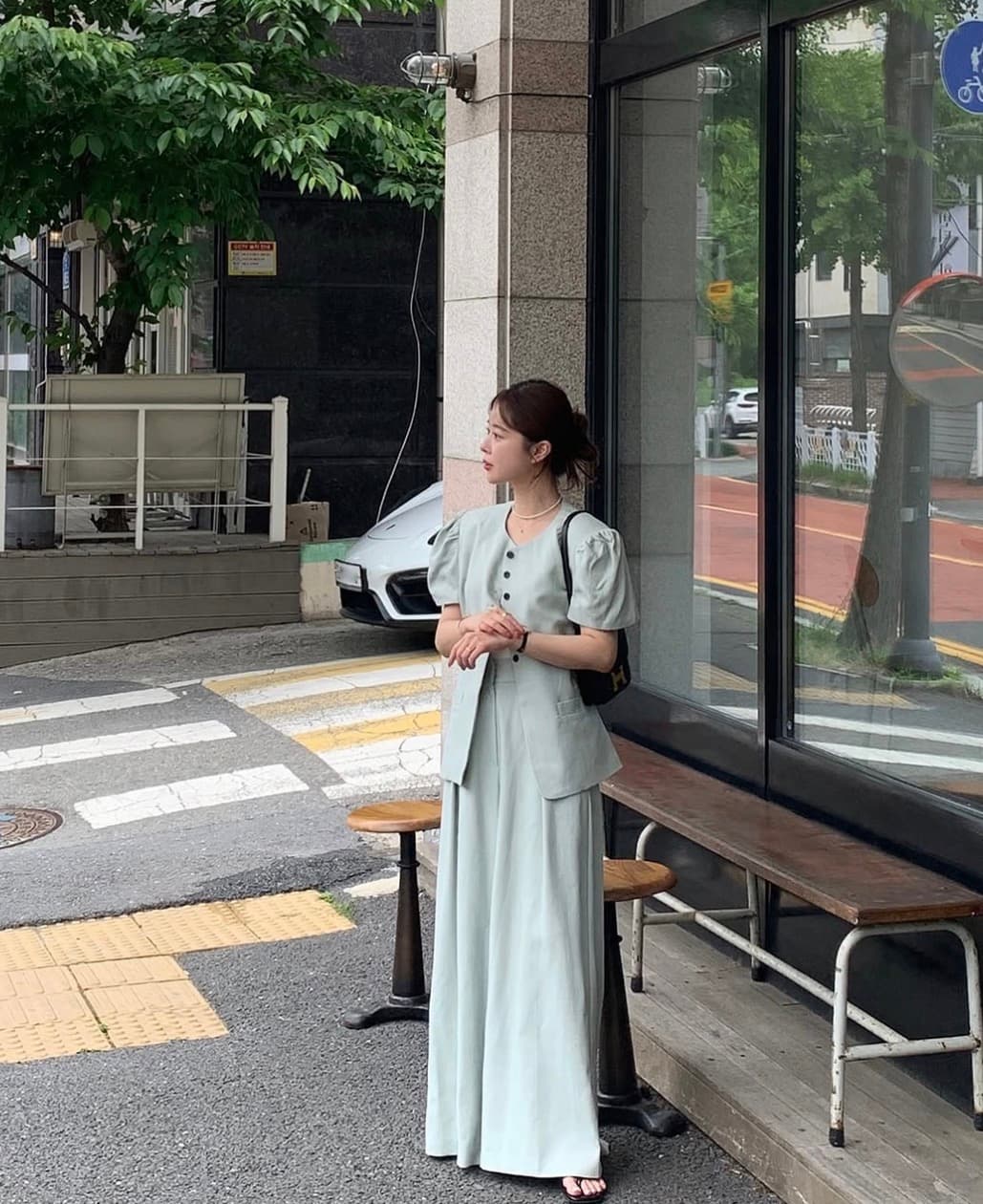 있음 선적 사이즈 업데이트 한국 chic 여름 새로운 반팔 재킷 맨위 넓은 다리 슬림해 보이는 긴 바지 세트 상세 이미지 20