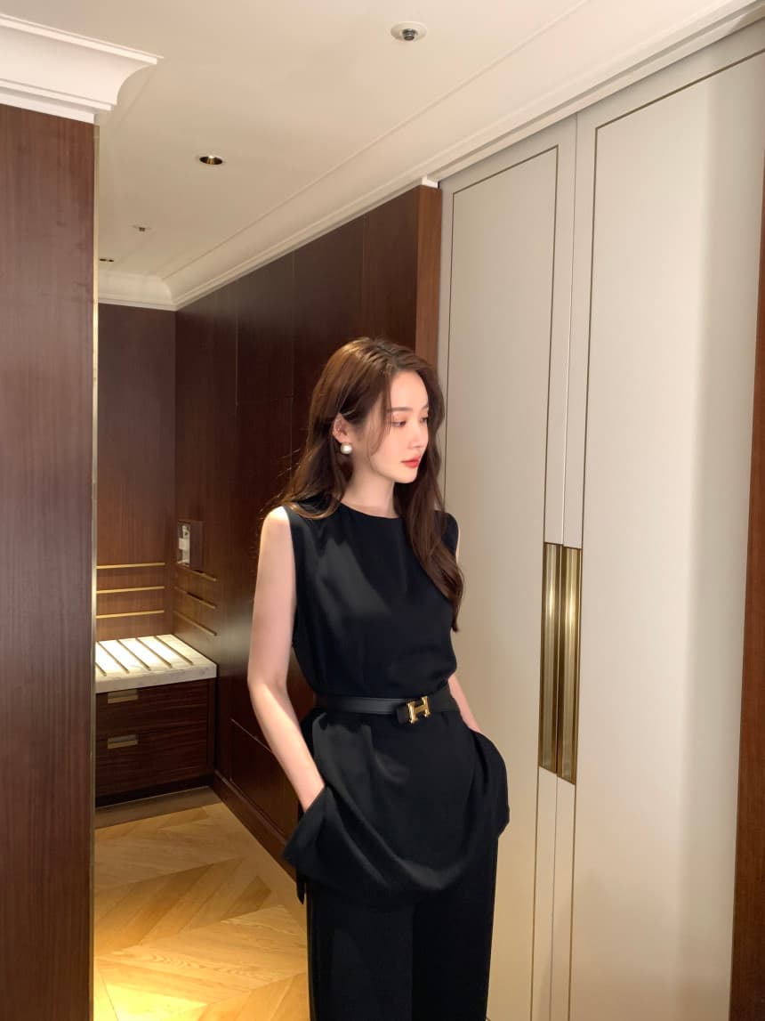 있음 선적 사이즈 업데이트 한국 chic 여름 새로운 레이스업 민소매 맨위 하이웨이스트 캐주얼 바지 세트 상세 이미지 1