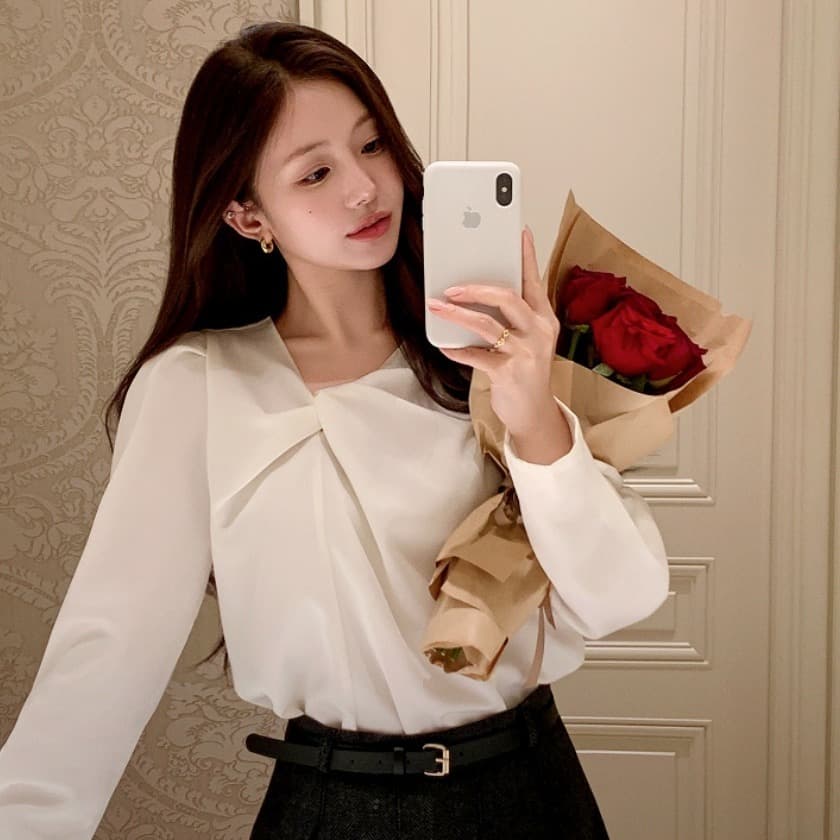 있음 선적 사이즈 업데이트 한국 chic 가을 새로운 한 부서 달콤함 주름 칼라 다용도 긴팔 셔츠 이미지 3