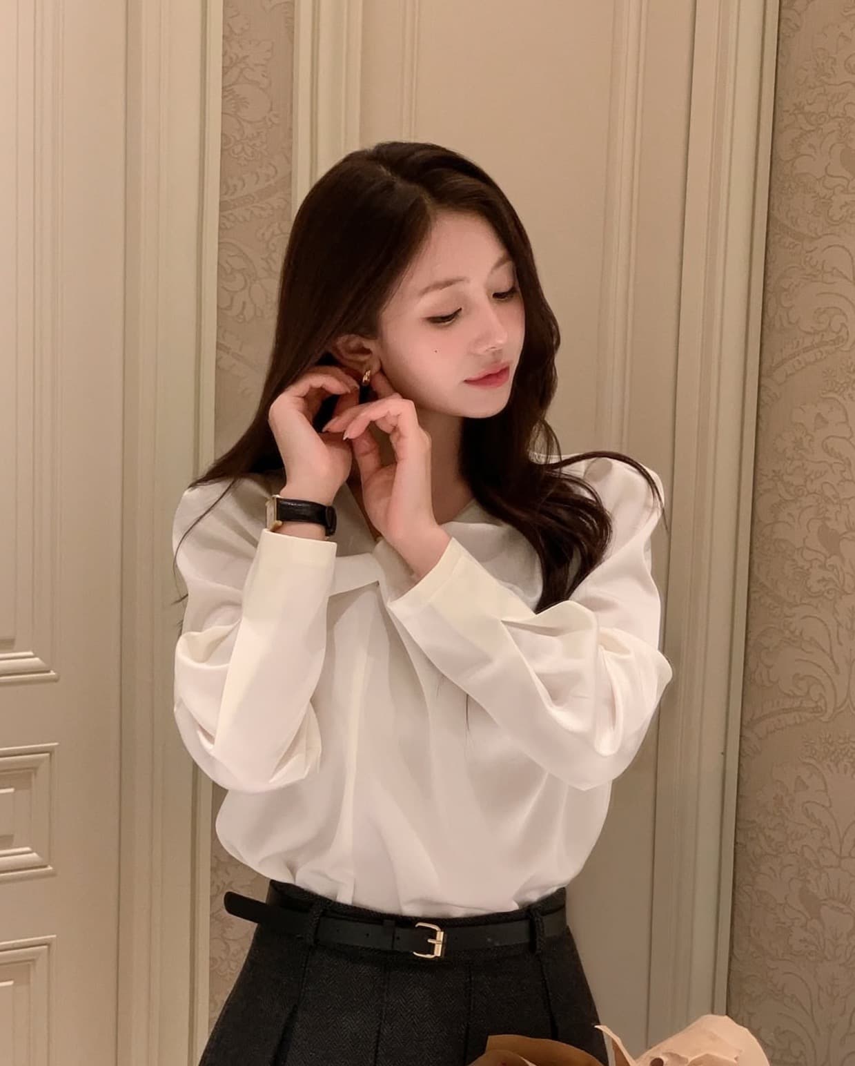 있음 선적 사이즈 업데이트 한국 chic 가을 새로운 한 부서 달콤함 주름 칼라 다용도 긴팔 셔츠 상세 이미지 4