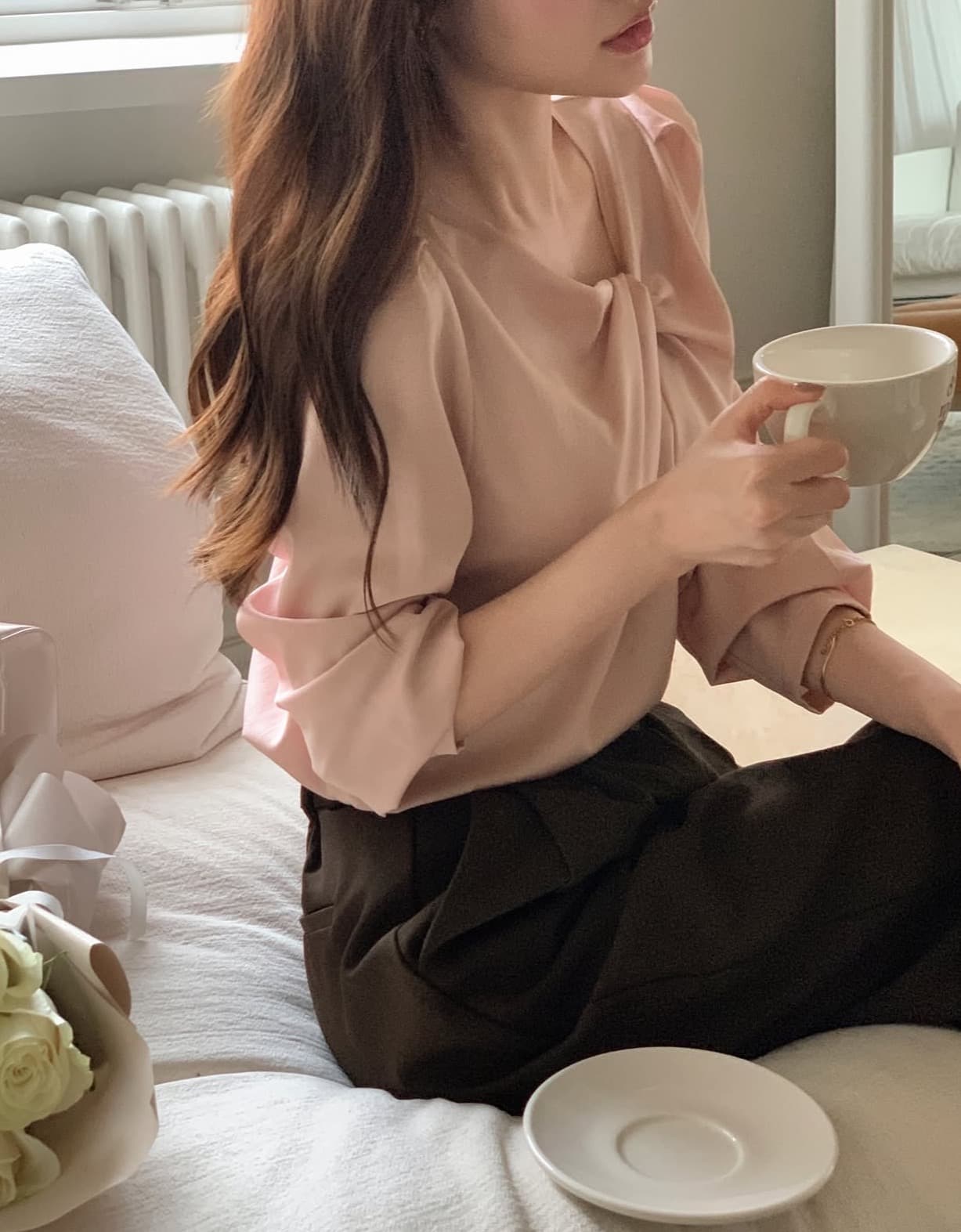 있음 선적 사이즈 업데이트 한국 chic 가을 새로운 한 부서 달콤함 주름 칼라 다용도 긴팔 셔츠 상세 이미지 12