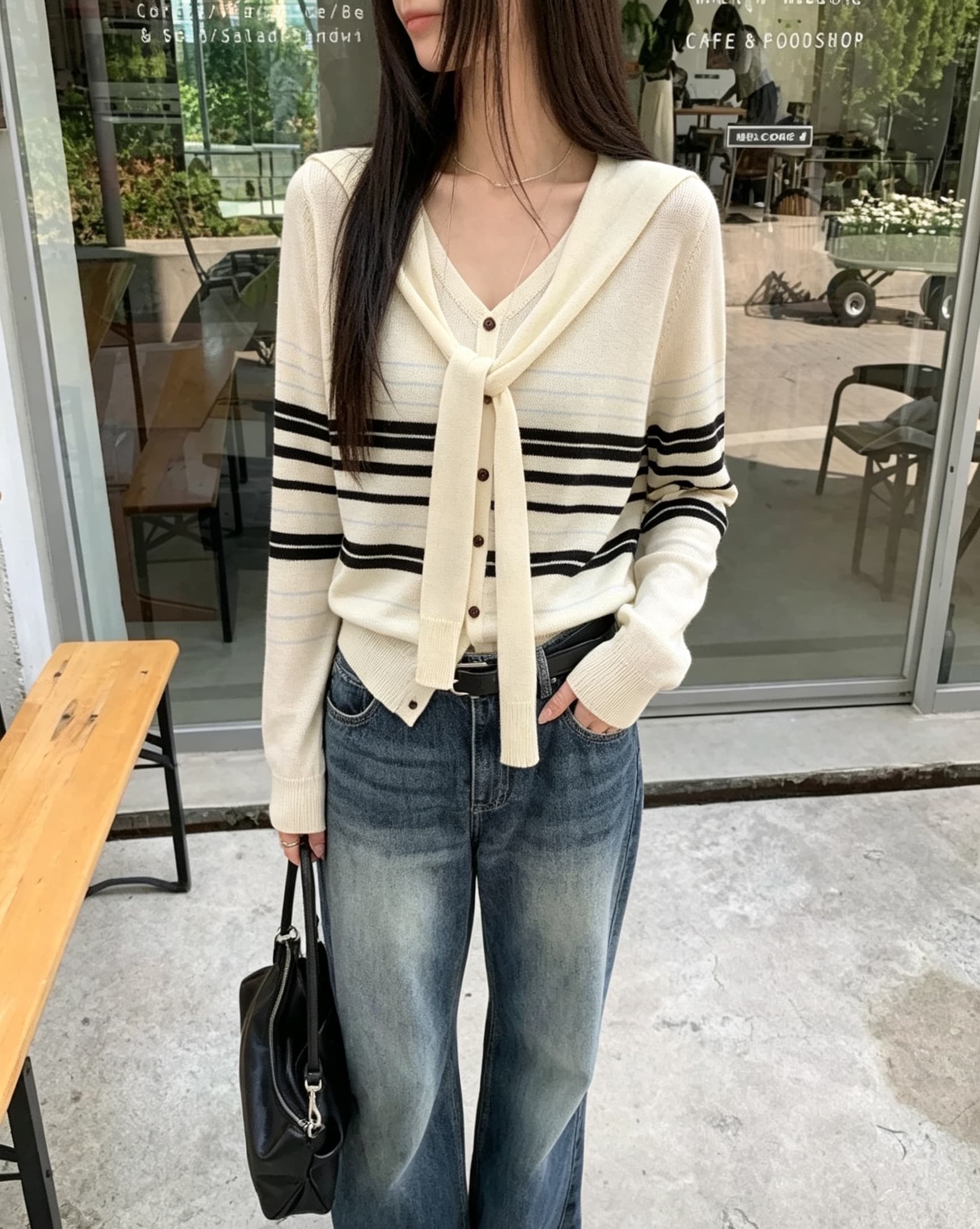 있음 선적 한국 chic 가을 새로운 ins 디자인 센스 숄 페이크 레이어드 스트라이프 긴팔 니트 오픈 가디건 상세 이미지 2