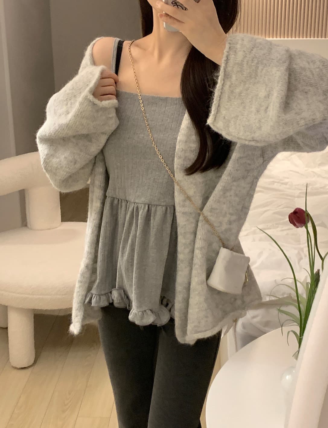 있음 선적 사이즈 업데이트 한국 chic 가을 새로운 한 부서 다용도 프릴 한 단어 캐미솔 이미지 4